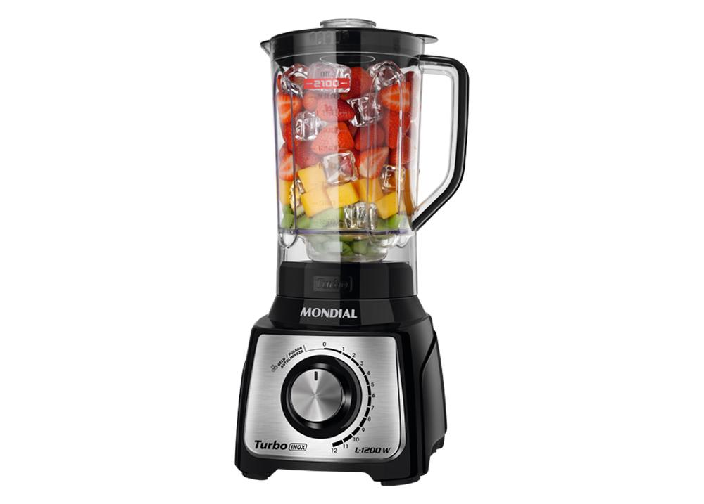 Modelo L-1200 BI
- 1200W de Potencia, Cuchilla com 6 laminas de acero inox
- Tapa con encaje rápido, Jarra tamaño família 3L
- Asa ergonómica, 12 velocidades , Pulsar/autolimpeza/hielo
- Panel en plata, Botón metalizado
- Base estable con diseño rectilíneo.

1200W de potencia. Muele incluso alimentos duros como hielo, frutas congeladas, zanahorias o coco. Es la batidora más potente de Mondial.
• SUPER COPA ULTRA RESISTENTE 3 L
Vaso tamaño familiar, resistente a caídas y rayones y no coge olor. Prepara grandes cantidades de zumos, batidos y recetas.
• 12 velocidades + pulsar: Proporciona una mezcla consistente y homogénea al moler todo tipo de ingredientes.
• Función de autolimpieza: Ayuda a limpiar el vaso de la batidora y, en particular, sus cuchillas. Para ello, llena el vaso hasta la mitad con agua y un poco de detergente. Luego gire la perilla unas cuantas veces hacia el lado del pulsar y ¡listo!
• Filtrar: Entra la fruta, se cuela y sale el jugo o salsa filtrada. Retire toda la semilla dejando sus jugos listos.
CUCHILLAS SUPER AFILADAS, SISTEMA DE COLOCACIÓN RÁPIDA, TAPA MEDIDORA DE 40 ml, BASE ANTIDESLIZANTE SEGURA Y PROTECTOR DE HILOS: Batidora rápida, práctica y de fácil montaje. Las 6 cuchillas brindan una mezcla consistente y uniforme al picar ingredientes. La tapa tiene el vaso dosificador extraíble de 40 ml, que permite añadir ingredientes sin apagar el aparato. La base antideslizante aporta seguridad ya que evita que la batidora se deslice durante el uso.
