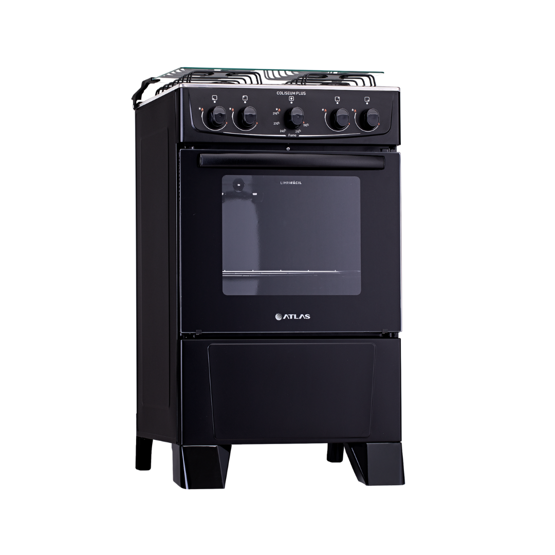 Atlas Cocina Coliseum Plus, ofrece 4 hornallas de alto rendimiento, un horno espacioso y un elegante diseño en negro. Ideal para quienes buscan eficiencia, funcionalidad y estilo en su cocina.

Especificaciones técnicas
- 4 hornallas.
- Horno amplio con puerta de vidrio.
- Encendido manual fácil de usar.
- Rejillas esmaltadas resistentes y duraderas.
- Perillas ergonómicas cómodas y de fácil manejo.
- Diseño en color negro, moderno y elegante.
- Funciona con gas.