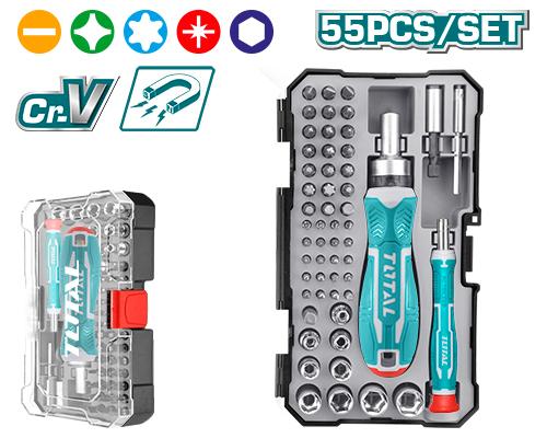 REF: TACSD30556
Juego de destornilladores de 55 piezas

Incluye:
- 21 puntas de destornillador de 6,35 x 25 mm:
SL4 SL5 SL6 PH1 PH2 PH2 PH2 PH3 PZ1 PZ2 PZ3 T10 T15 T20 T25 T30 T40 H3 H4 H5 H6
- 20 puntas de destornillador de precisión de 4 x 28 mm:
SL1.5 SL2 SL2.5 SL3 PH000 PH00 PH0 PH1 T6 T7 T8 T9 T10 T15 T20 H1.5 H2.0 H2.5 H3.0 H4.0
- 1 adaptador de puntas de 4 a 6 mm (25 mm).