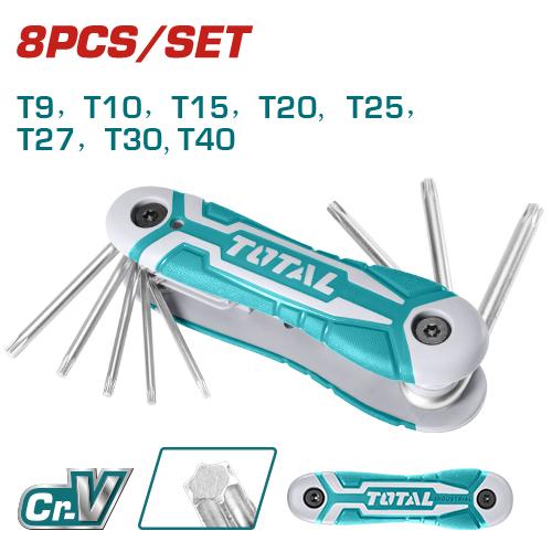 REF: THT1061846
- Juego de llaves Torx de 8 piezas (bolsillo)
- Tamaño: T9, T10, T15, T20, T25, T27, T30, T40.
- Material: CR-V
- Tratamiento térmico y cromado.
- Empacado con colgante de plástico
