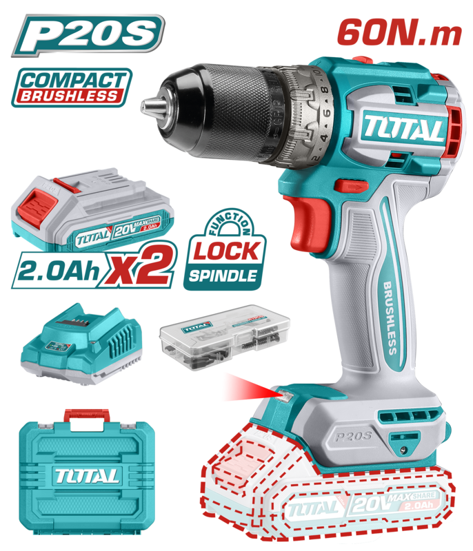 REF: TDLI20602
- Motor sin escobillas
- Voltaje: 20V
- Velocidad sin carga: 0-550/0-2000 rpm
- Torque máximo: 60 Nm
- Portabrocas metálico
- Capacidad del portabrocas: 13 mm
- Ajustes de torque: 22+1
- Portabrocas sin llave con bloqueo automático
- Caja de cambios mecánica de 2 velocidades
- Función de bloqueo del husillo
- Luz de trabajo LED integrada
- Incluye: 47 accesorios, 2 baterías de 2.0Ah (TFBLI20011), 1 cargador (TFCLI2001).
- Empacado en maletín de transporte.