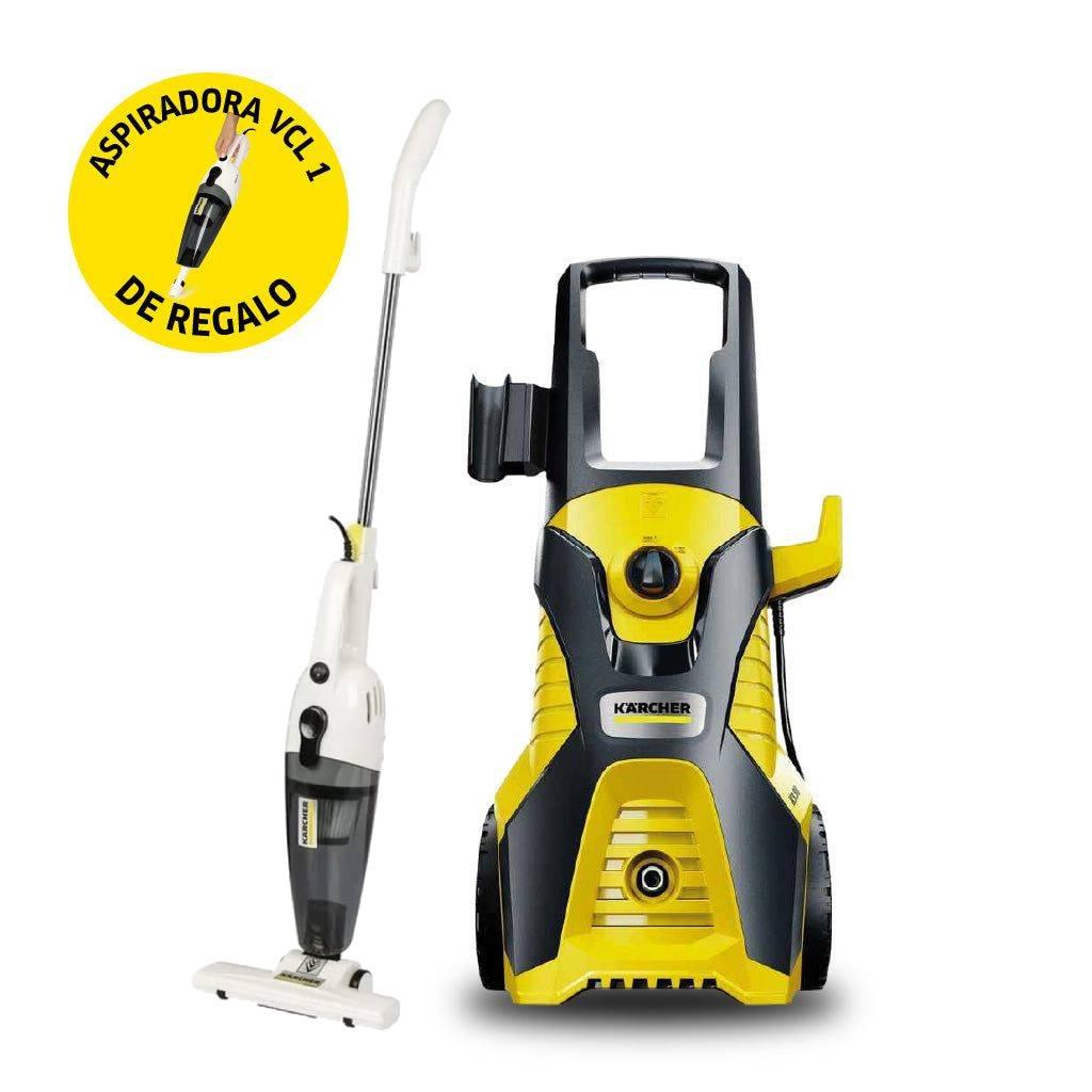 PROMO POR EL DÍA DE LA MADRE: COMPRANDO UNA HIDROLAVADORA K3.98 TE LLEVAS UNA ASPIRADORA VCL 1 DE REGALO.

La Kärcher K3.98 es una hidrolavadora de alta presión diseñada para tareas de limpieza domésticas que requieren potencia y eficiencia. Es ideal para eliminar suciedad moderada en superficies como automóviles, bicicletas, muebles de jardín, terrazas y fachadas.

Especificaciones técnicas:
 Presión máxima: 130 bares.
 Caudal de agua: Hasta 360 litros por hora.
 Potencia del motor: 1.500 W.
 Temperatura máxima del agua de entrada: 40 °C.
 Longitud de la manguera: 6 metros.
 Peso sin accesorios: 13,6 kg.
 Dimensiones (L × A × H): 400 × 407 × 600 mm.
Aplicaciones recomendadas:
Limpieza de automóviles, bicicletas y motocicletas.
Lavado de muebles de jardín y herramientas de exterior.
Mantenimiento de terrazas, patios y entradas.
Limpieza de fachadas, muros y otras superficies exteriores.
---- 

La Kärcher VCL 1 es una aspiradora de mano y escoba eléctrica versátil y compacta, diseñada para facilitar la limpieza diaria en el hogar. Combina potencia, ligereza y comodidad, siendo ideal para eliminar polvo y suciedad de suelos, muebles y áreas de difícil acceso.

Especificaciones técnicas:
 Potencia: 1000 W.
 Capacidad del depósito de polvo: 0,7 litros.
 Autonomía de la batería: Hasta 40 minutos.
 Tiempo de carga: Aproximadamente 4 horas.
 Peso: 1,5 kg.
 Dimensiones (L × A × H): 240 × 210 × 1120 mm.
Aplicaciones recomendadas:
Limpieza de suelos duros, alfombras y tapetes.
Eliminación de polvo en muebles, mesas y superficies planas.
Aspiración de rincones, esquinas y áreas de difícil acceso.
Limpieza de interiores de automóviles y tapicerías.