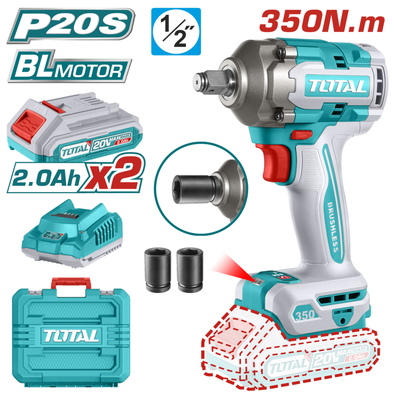 REF: TIWLI2035
- Motor sin escobillas
- Accionamiento cuadrado: 1/2"
- Velocidad sin carga: 0-1600/0-1900/0-2300 rpm
- Tasa de impacto: 0-2100/0-2500/0-2900 bpm
- Par de apriete: 350 Nm
- Par de aflojamiento de tuercas: 450 Nm
- Luz de trabajo LED integrada

- Incluye: 1 pieza de cargador de 20V (TFCLI2001), 2 piezas de batería de 2.0Ah (TFBLI20011), 2 piezas de adaptadores (19, 21 mm)
Empacado en estuche de transporte