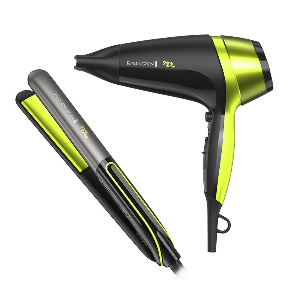 SECADOR.
* Secador Remington Shine Therapy con Microacondicionadores de Aguacate y Macadamia.
* Rejilla removible para una mejor limpieza.
* Botón de aire frio para fijar peinado.
* Rendimiento de 2100W (220V).
* Peinado libre de frizz.
* Gancho para colgar.
* Mayor protección.
* Cabello brillante.
* Cable de 1.8m.
* Concentrador.
* Motor DC.

ALISADOR.
* Un alisado perfecto en pocos minutos sin maltrar tu cabello es posible con la plancha alisadora Shine Therapy de Remington.
* Microacondicionadores de Aguacate y Macadamia para un peinado suave y brillante.
* Ajustes de temperatura digital de 150°C a 230°C para cualquier tipo de cabello.
* Temperatura profesional de 230°C para alisar en pocas pasadas.
* Placas de cerámica que ayudan a reducir el frizz.