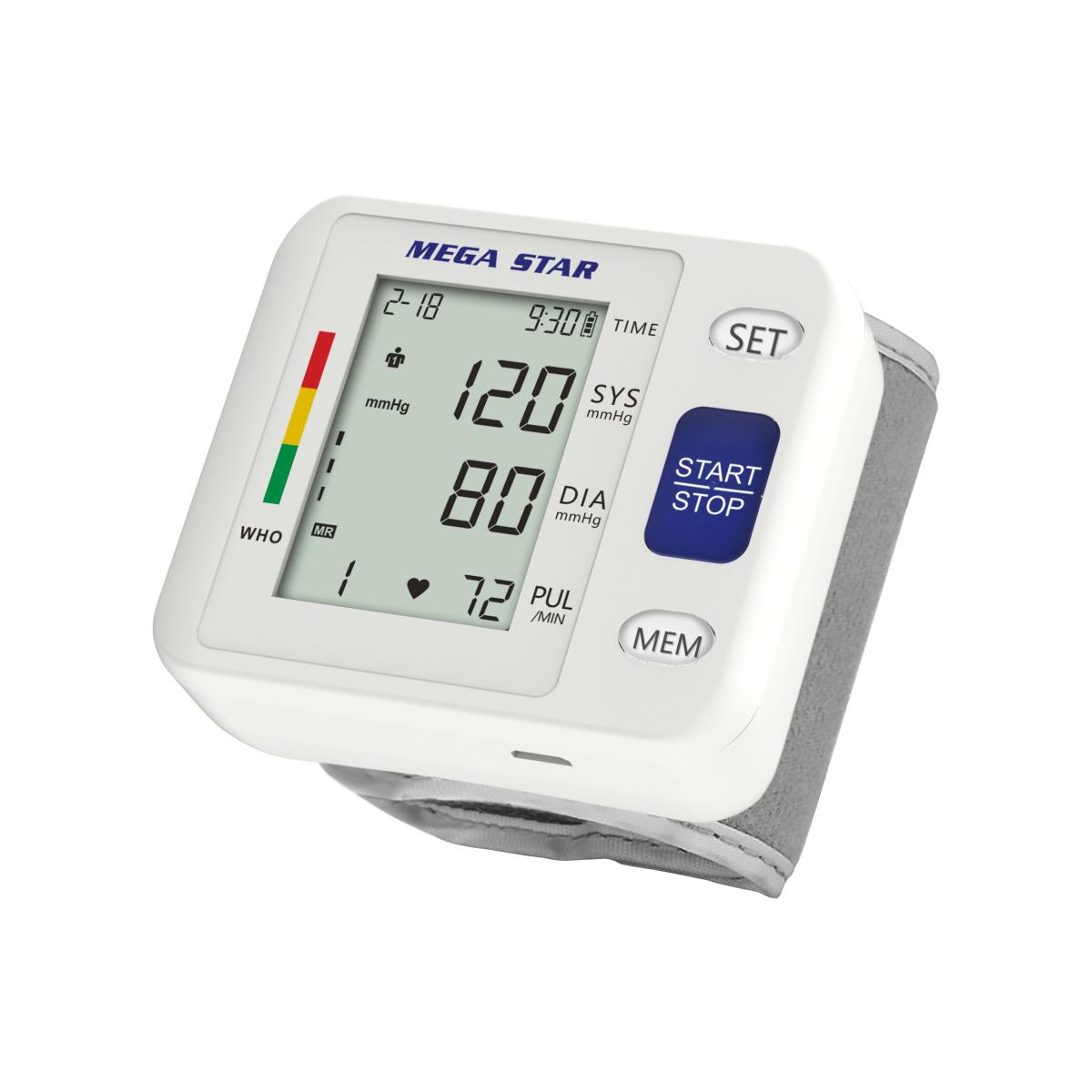 Circunferencia de la pulsera: Aprox. (135~195)mm
Peso: Aprox. 150g (con batería seca y pulsera)
Método de medición: Método de medición oscilográfico

Rango de medición:
Presión: (0~290)mmHg (0~38,66)kPa / Pulso: (40~180)/minuto

Precisión de medición:
Presión: ±3mmHg (±0,4kPa) / Pulso: ±5%

Volumen de memoria: 2 usuarios 99 memorias cada uno
Entorno de trabajo normal: (+5~+40)°C, ≤80%RH
Almacenamiento y transporte: Entorno: (-20~+55)°C, ≤93%RH
Presión atmosférica de funcionamiento: (80~106)kPa
Presión atmosférica de transporte y conservación: (50~106)kPa
Fuente de alimentación: 2 pilas AAA de 1,5V