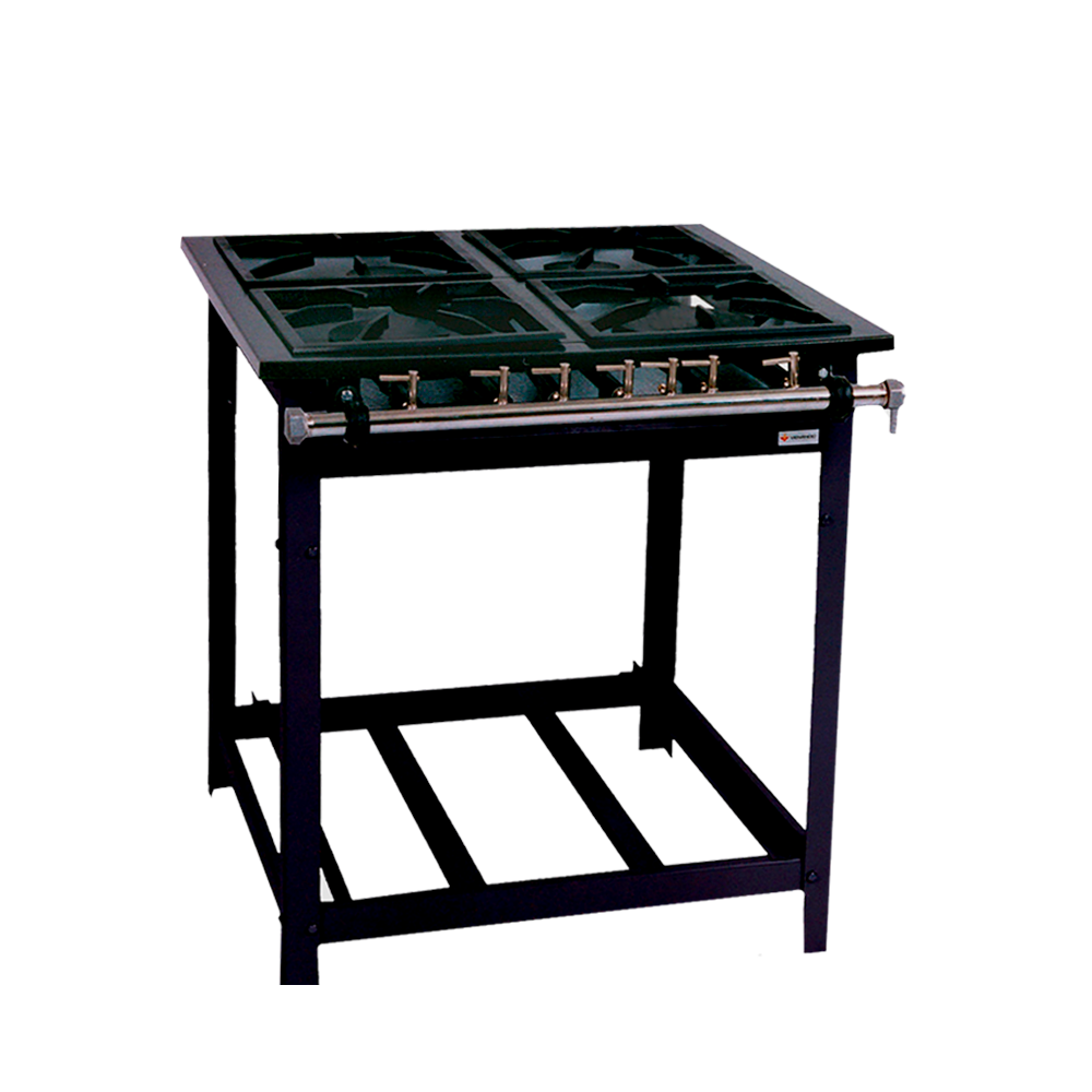 Ref.: E4

Estructura en acero de carbono.
- 4 quemadores simples 10mm.
- Parrilla de 30x30cm con perfil de 5cm.
- Para gas de baja presión.
- Quemador con accesorio fácil de quitar para limpieza y mantenimiento.
- Totalmente desmontable para facilitar su transporte y almacenamiento.

Dimensiones
- Frente: 0,74cm
- Profundidad: 0,82cm.
- Altura: 0,80cm