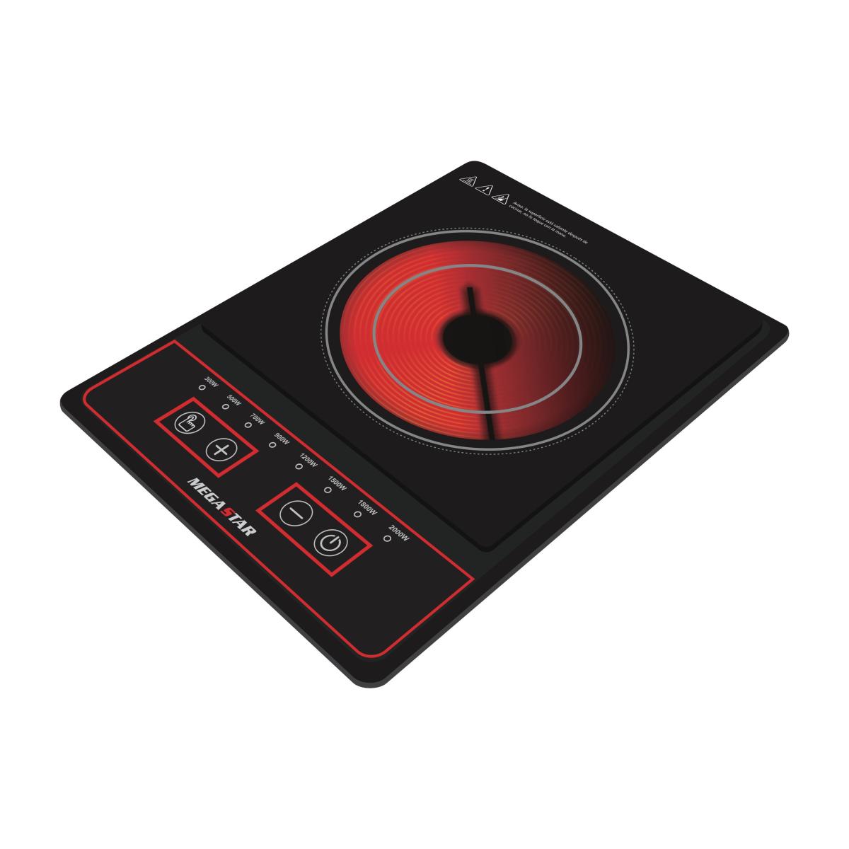 - Apto para todo tipo de ollas
- 8 Niveles de cocción
- Panel de control digital
- Superficie de vitrocerámica 
- Disipador de calor
- Protección contra sobretensión y sobrecalentamiento
- Voltaje: 220V 50/60Hz
- Potencia: 2000W