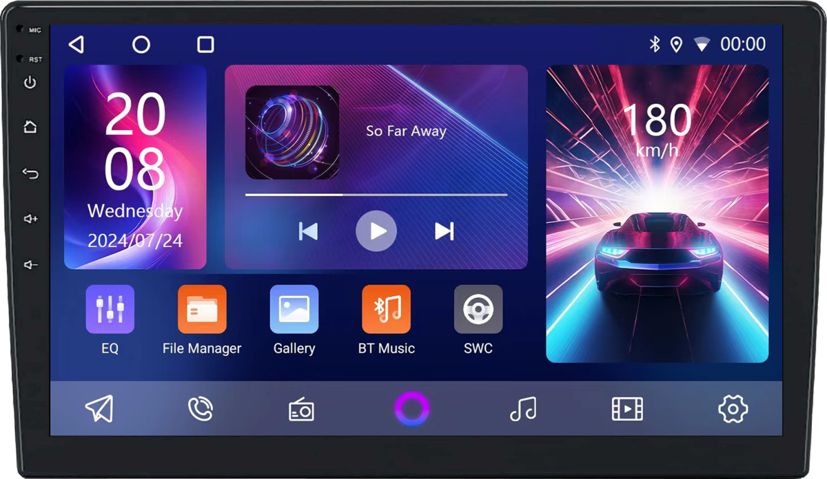 Radio reproductor de MP5 para auto
Plataformas Carplay y Android Auto
Función Mirror-Link
Función BT-Compatible
Nombre BT: MEGASTAR910
Radio FM
Wi-Fi incorporado
Ecualizador
Pantalla táctil de 9" / Doble DIN
Resolución: Full HD 1080P
2 Entradas USB
Entradas auxiliar y AV
Compatible con Steering Wheel Control (SWC)
Conexión a cámara de visión trasera

Alimentación: 10,8~14,4V 15A
Potencia de salida: 40Wx4