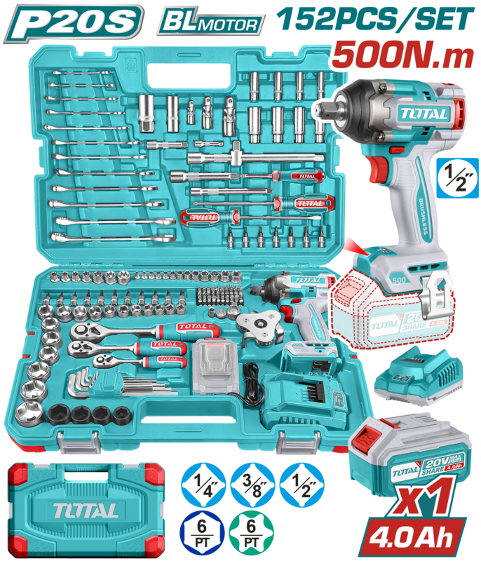 Set de 152 piezas de herramientas de llave de impacto inalámbrica

1 Pzs Llave de impacto inalámbrica (TIWLI2050): Cuadrante de transmisión: 1/2", Velocidad sin carga: 0-1200/0-1800/0-2200 rpm, Frecuencia de impactos: 0-2400/0-2800/0-3300 bpm, Torque de apriete: 500 Nm, Torque para aflojar tuercas: 650 Nm

Incluye: 1 Pzs batería 4.0 Ah 20 V (TFBLI2002), 1 Pzs cargador (TFCLI2001E), 1 Pzs llave de carraca 1/4", 13 Pzs dados 1/4": 4 - 4.5 - 5 - 5.5 - 6 - 7 - 8 - 9 - 10 - 11 - 12 - 13 - 14 mm, 18 Pzs dados 1/4" x 32 mm (L): Hex: 3 - 4 - 5 - 6 - 8 mm; Star: T8 - T10 - T15 - T20 - T25 - T30 - T40; SL: 5.5 - 6.5 mm, PH2, PH3, PZ2, PZ3, 4 Pzs dados profundos 1/4"DR 50 mm (L): 8, 9, 10, 12 mm, 1 Pzs barra de extensión: 1/4" Dr. x 50 mm, 1 Pzs mango giratorio: 1/4" x 150 mm, 1 Pzs junta universal 1/4", 1 Pzs adaptador de tres vías 1/4": 3/8" (F) x 1/4" (M), 1 Pzs portapuntas: 1/4" x 6.35 mm, 40 Pzs puntas 6.35 x 25 mm (L): T5 - T6 - T7 - T8 - T9 - T10 - T15 - T20 - T25 - T30 - PH1 - PH2 - PH2 - PH3 - PH4 - PZ1 - PZ2 - PZ2 - PZ3 - PZ4 - SL3 - SL3 - SL4 - SL4 - SL5 - SL5.5 - SL6 - SL6.5 - SL7 - SL7 - H2 - H3 - H3 - H4 - H4 - H5 - H5 - H6 - H7 - H7, 4 Pzs dados para impacto: 17, 19, 21, 22 mm, 1 Pzs llave de carraca: 1/2", 1 Pzs junta universal 1/2", 7 Pzs dados 1/2" Dr.: 21, 22, 23, 24, 27, 30, 32 mm, 2 Pzs dados para bujía: 1/2" Dr. 16 mm - 21 mm, 2 Pzs barras de extensión: 1/2" Dr. x 125 mm, 1/2" Dr. x 250 mm, 1 Pzs adaptador de tres vías 1/2": 3/8" (F) x 1/2" (M), 10 Pzs dados hexagonales 3/8": 10, 11, 12, 13, 14, 15, 16, 17, 18, 19 mm, 4 Pzs dados profundos hexagonales 3/8": 13, 14, 15, 17 mm, 7 Pzs dados estrella 3/8": E10, E11, E12, E14, E16, E18, E20, 1 Pzs llave de carraca: 3/8", 2 Pzs barras de extensión 3/8": 75 mm (3"), 150 mm (6"), 1 Pzs junta universal Dr.: 3/8", 1 Pzs adaptador de tres vías 3/8": 3/8" (F) x 3/8" (M), 1 Pzs llave para filtro de aceite, 2 Pzs destornilladores: SL 6.5 x 150 mm, PH2 x 150 mm, 12 Pzs llaves combinadas: 6, 8, 9, 10, 11, 12, 13, 14, 15, 17, 18, 19 mm, 9 Pzs llaves Torx: T10, T15, T20, T25, T27, T30, T40, T45, T50
Empacado en maletín
